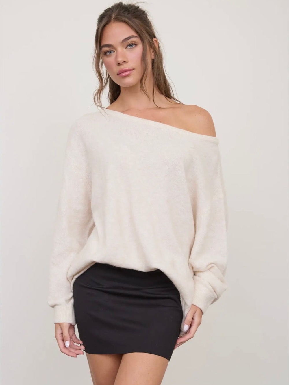 014. Effortless Oversized Boat Neck Sweater, Ivory, various sizes